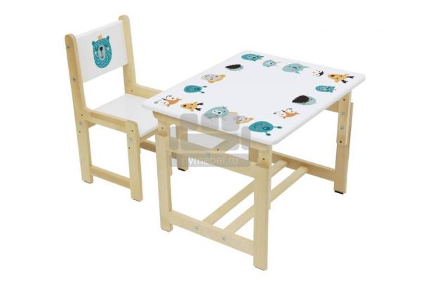 Комплект растущей детской мебели Polini kids Eco 400 SM, Лесная сказка, 68х55 см, белый-натуральный