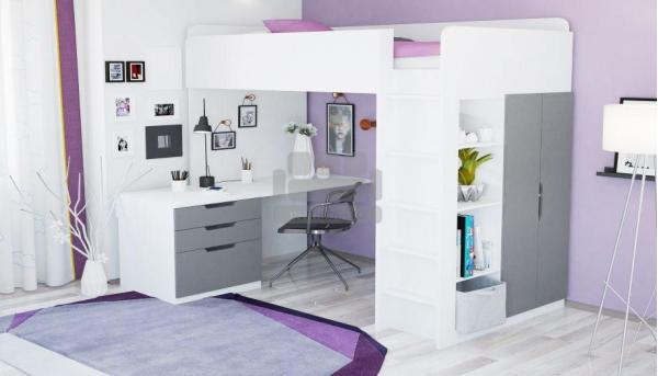 Кровать-чердак Polini kids Simple с письменным столом и шкафом, белый-серый