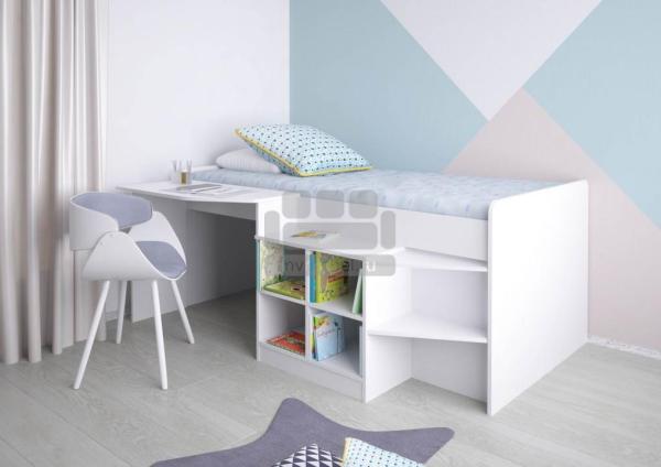 Кровать-чердак детская Polini kids Simple со столом и полками 4000, белый